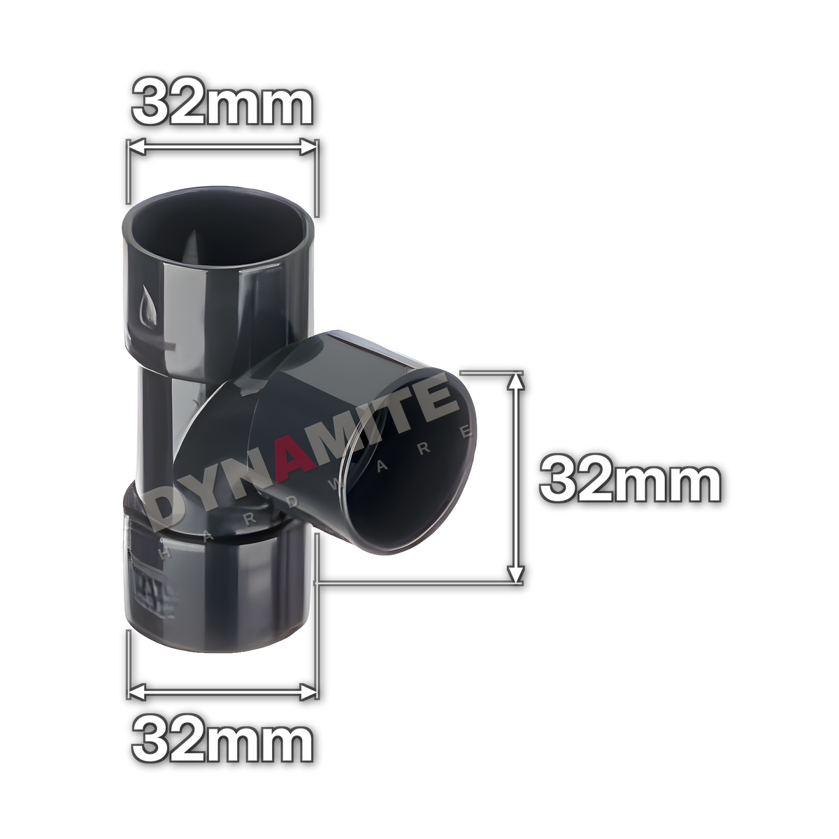 1¼" (32mm) Black Solvent Weld Waste 90° Equal Tee (code 3290TB), size marked with white arrows: 32mm x 32mm x 32mm