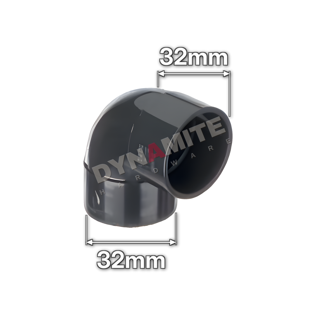 1¼" (32mm) Black Solvent Weld Waste 90° Knuckle Elbow (code 32KB), size marked with white arrows: 32mm x 32mm