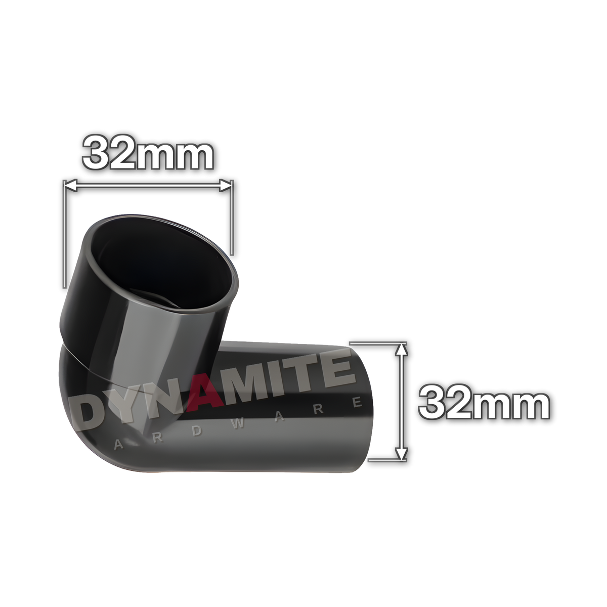 1¼" (32mm) Black Solvent Weld Waste 90° Male x Female Knuckle Elbow (code 32KWMFB), size marked with white arrows: 32mm x 32mm