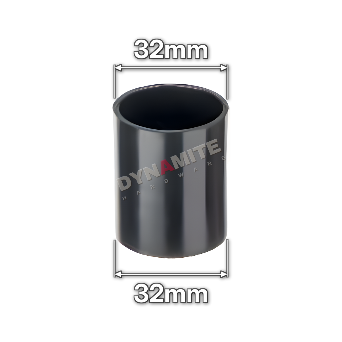 1¼" (32mm) Black Solvent Weld Waste Straight Coupling (code 32CB), size marked with white arrows: 32mm x 32mm