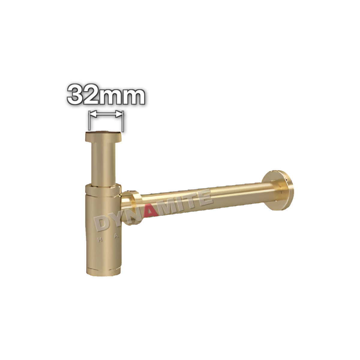 1¼" (32mm) Brushed Brass Round Designer Bottle Trap - Telescopic (code 114BTBB), size marked with white arrows: 32mm