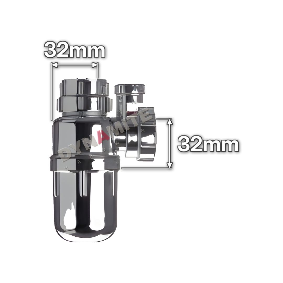 1¼" (32mm) Chrome Anti-Siphon Bottle Trap - 75mm Seal (code 114BTAVCP), size marked with white arrows: 32mm x 32mm