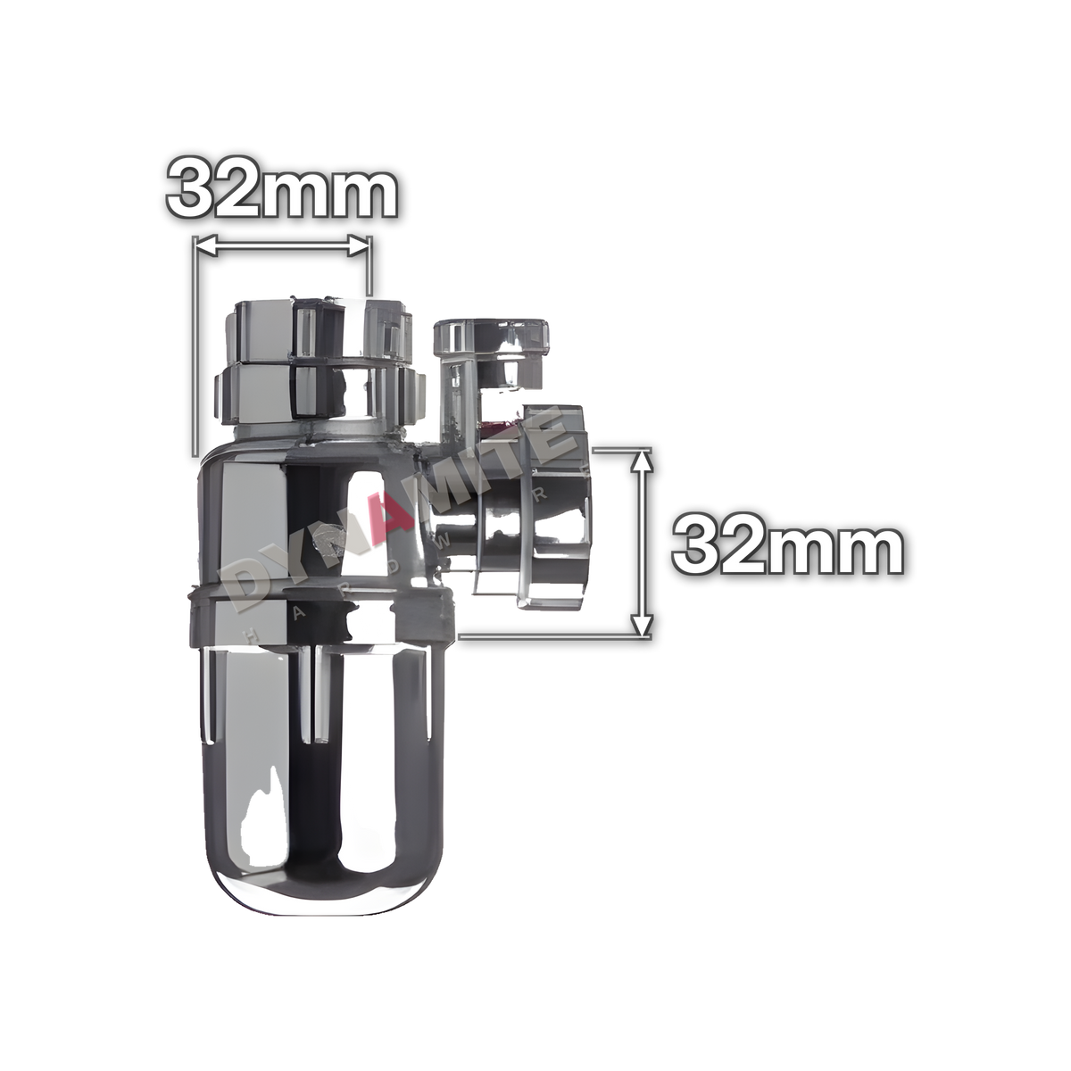 1¼" (32mm) Chrome Anti-Siphon Bottle Trap - 75mm Seal (code 114BTAVCP), size marked with white arrows: 32mm x 32mm