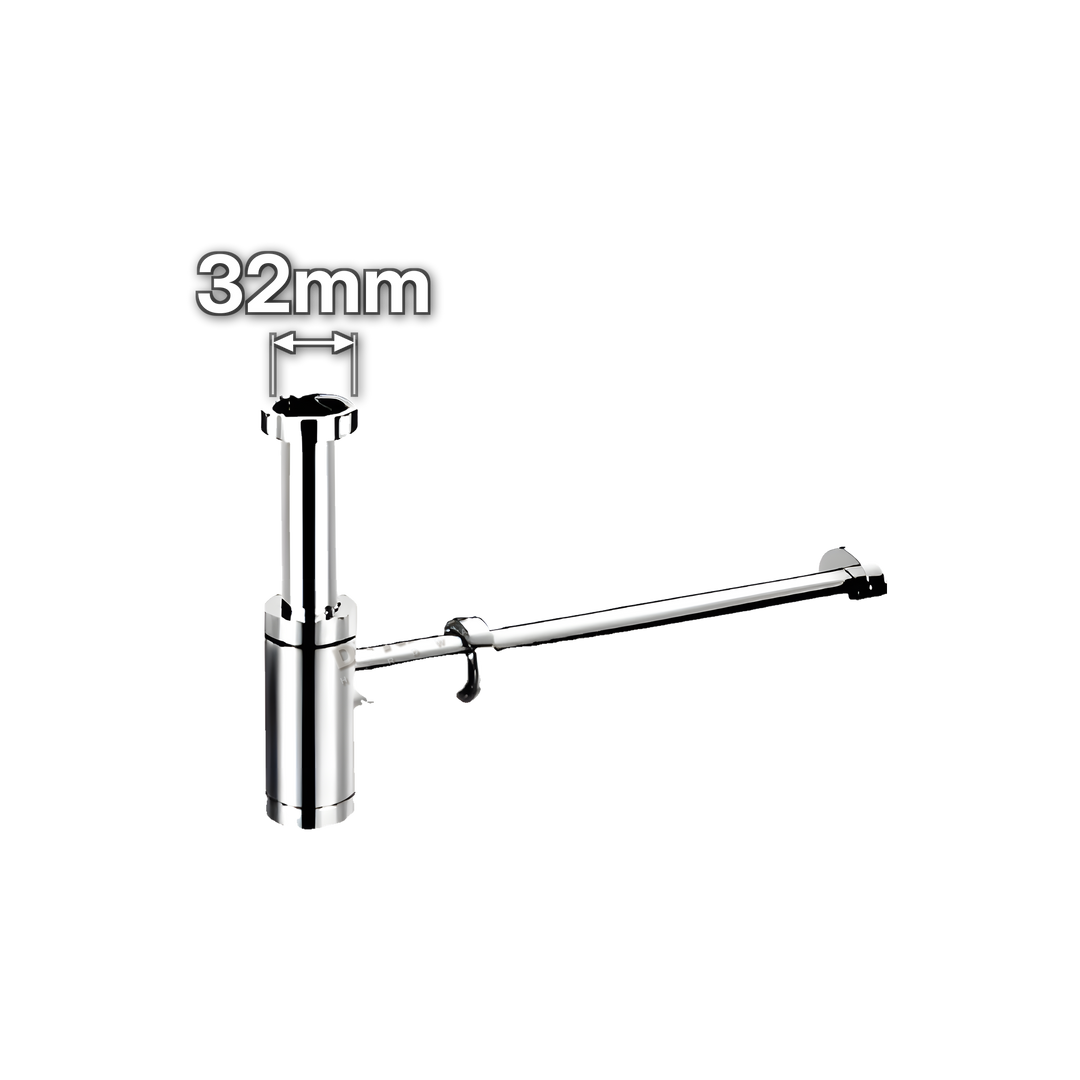 1¼" (32mm) Chrome Round Designer Bottle Trap - Telescopic (code 114BTCP), size marked with white arrows: 32mm