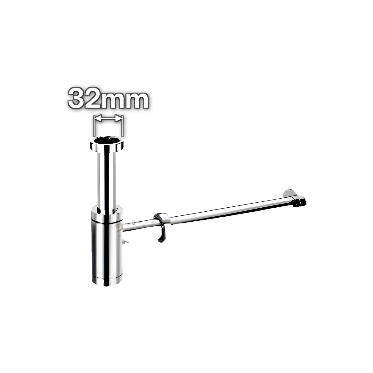 1¼" (32mm) Chrome Round Designer Bottle Trap - Telescopic (code 114BTCP), size marked with white arrows: 32mm