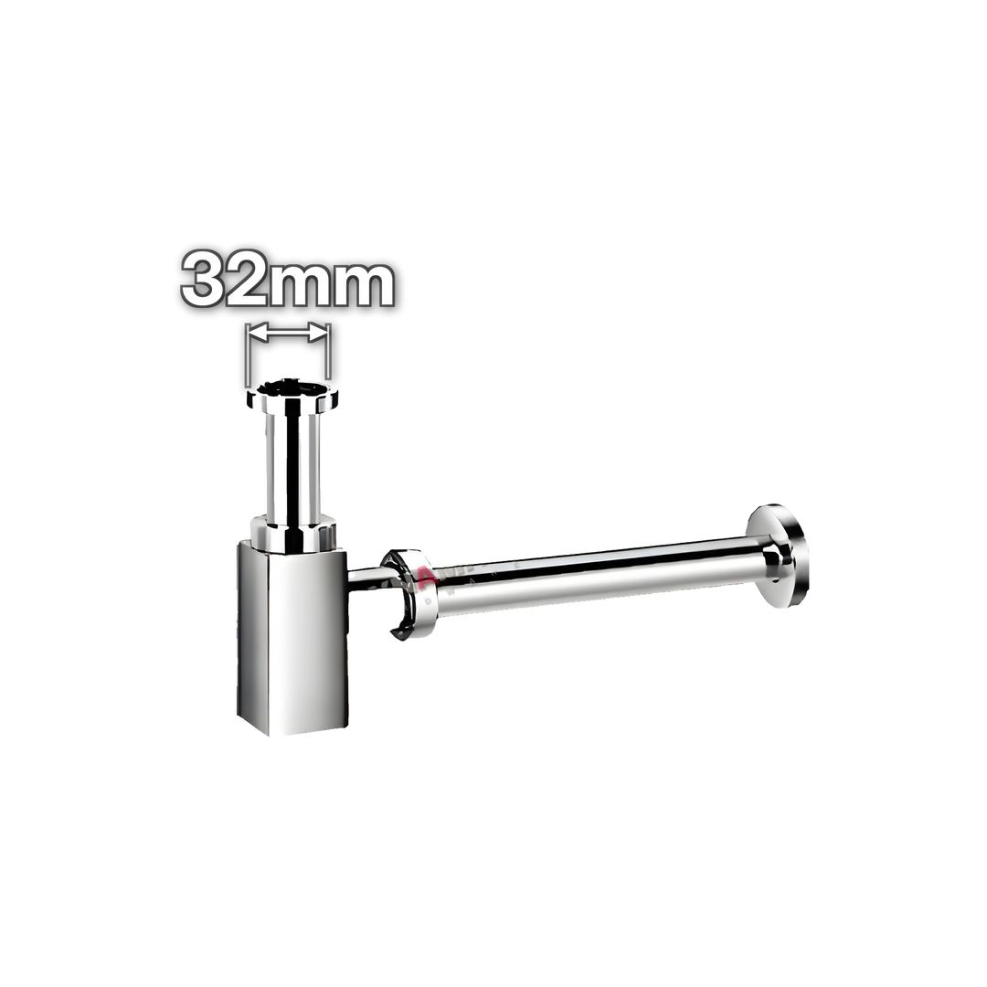 1¼" (32mm) Chrome Square Designer Bottle Trap - Telescopic (code 114SBTCP), size marked with white arrows: 32mm