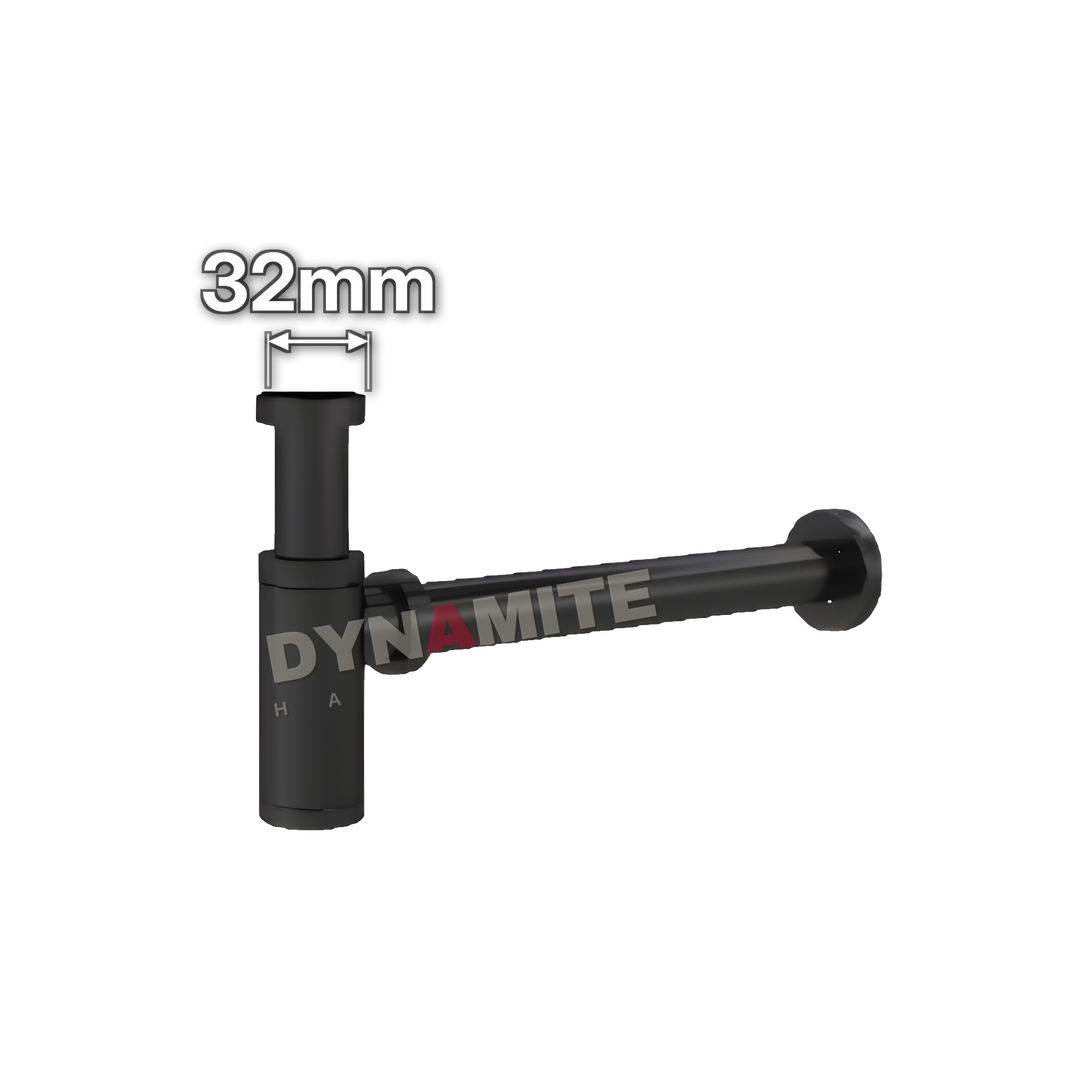 1¼" (32mm) Matt Black Round Designer Bottle Trap - Telescopic (code 114BTB), size marked with white arrows: 32mm
