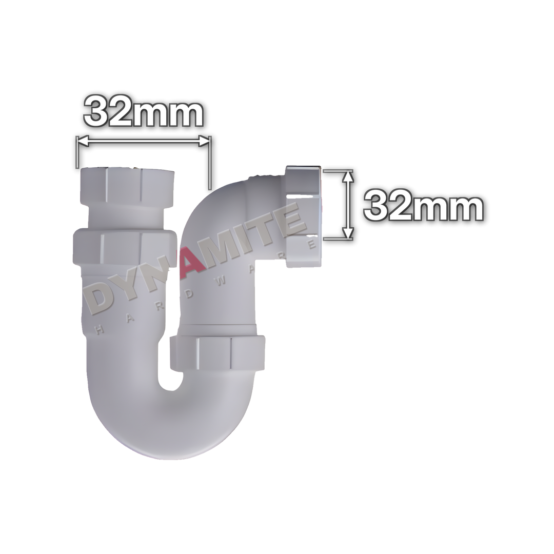 1¼" (32mm) White Adjustable Inlet Waste P-Trap (code 114P112A), size marked with white arrows: 32mm x 32mm