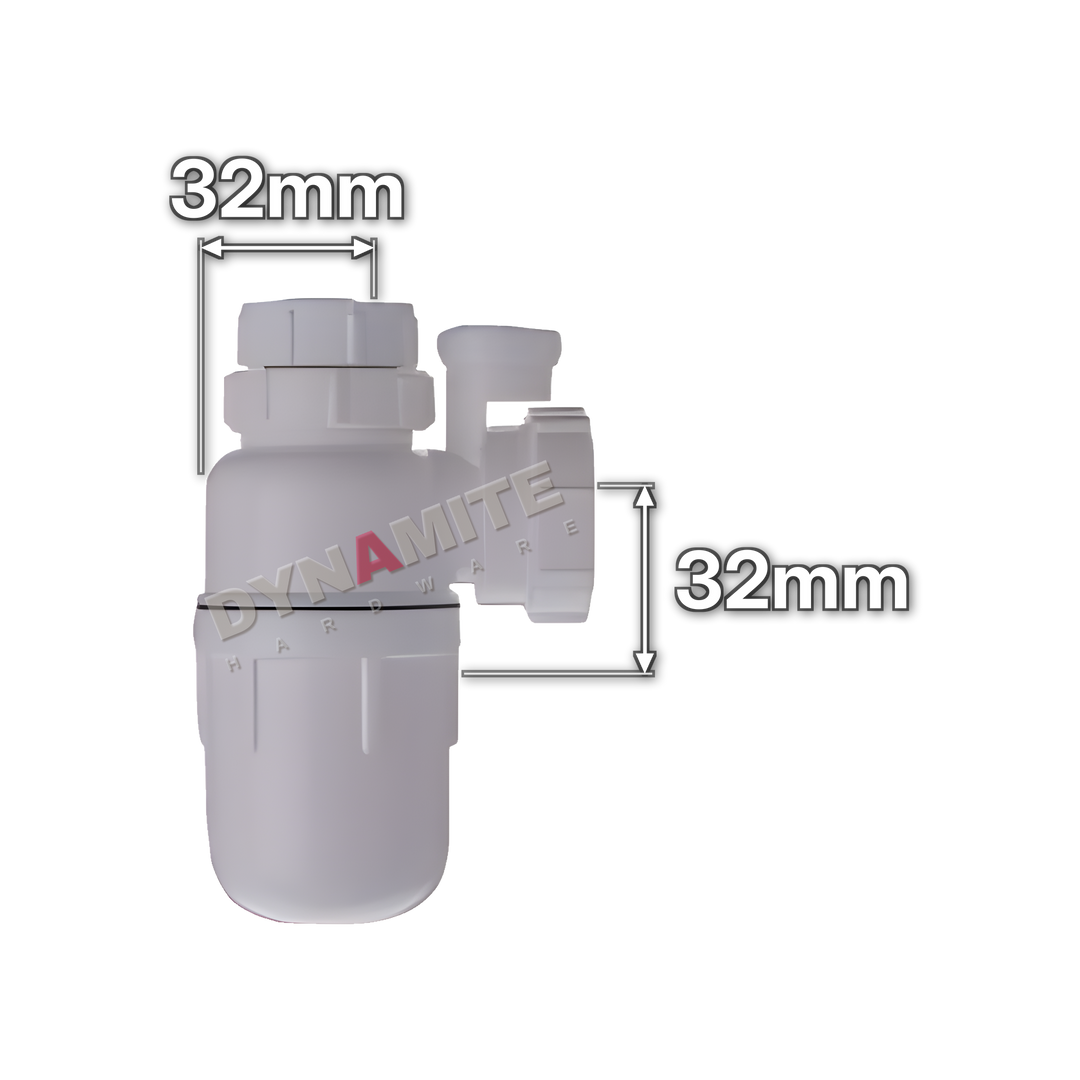 1¼" (32mm) White Anti-Siphon Bottle Trap - 75mm Seal (code 114BTAV), size marked with white arrows: 32mm x 32mm