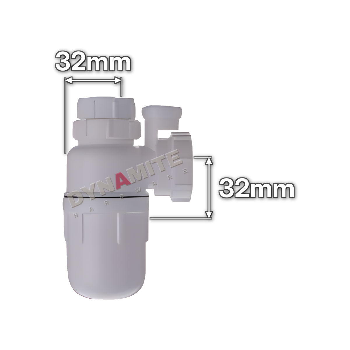 1¼" (32mm) White Anti-Siphon Bottle Trap - 75mm Seal (code 114BTAV), size marked with white arrows: 32mm x 32mm