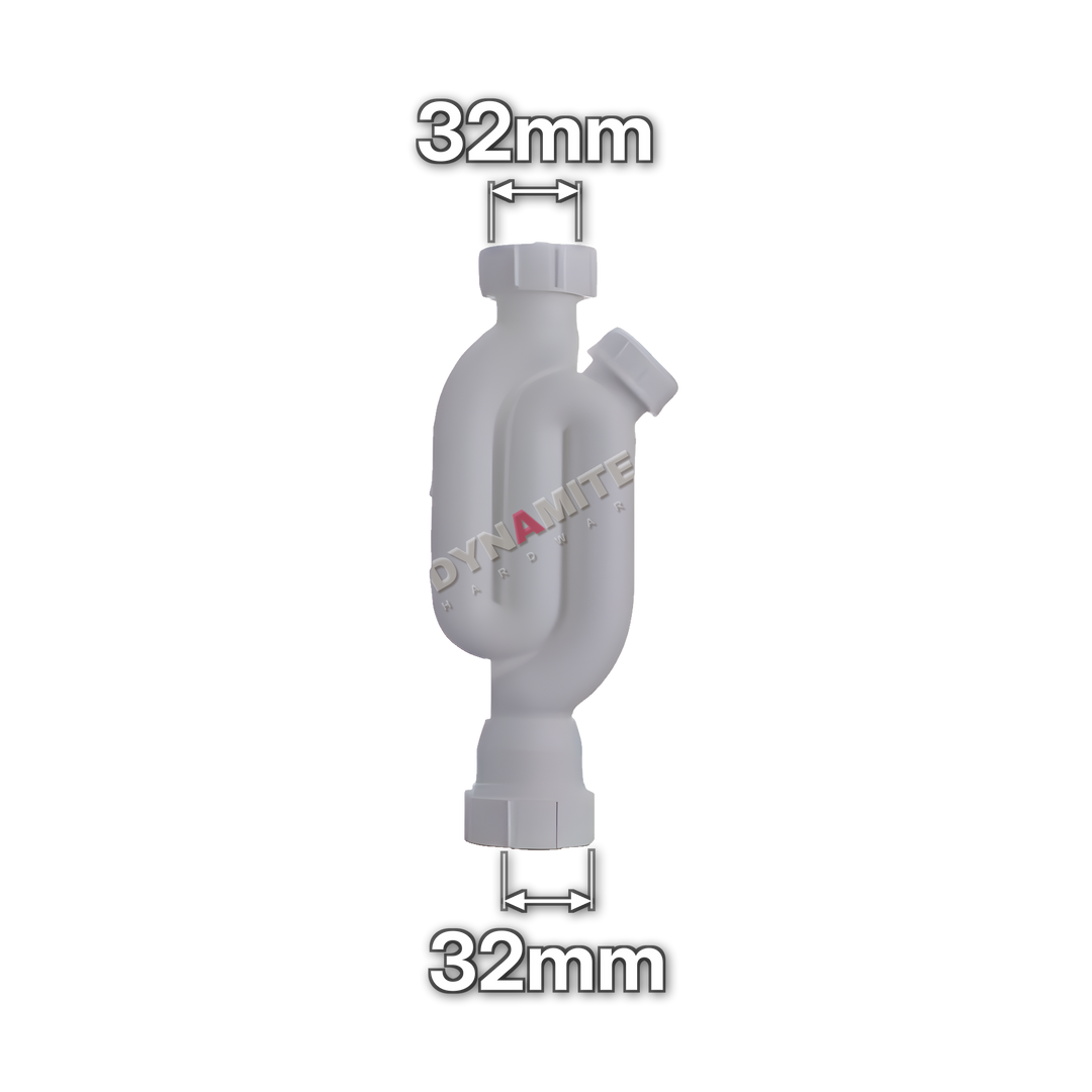 1¼" (32mm) White Basin Pedestal Trap - 75mm Seal (code 114PT), size marked with white arrows: 32mm x 32mm