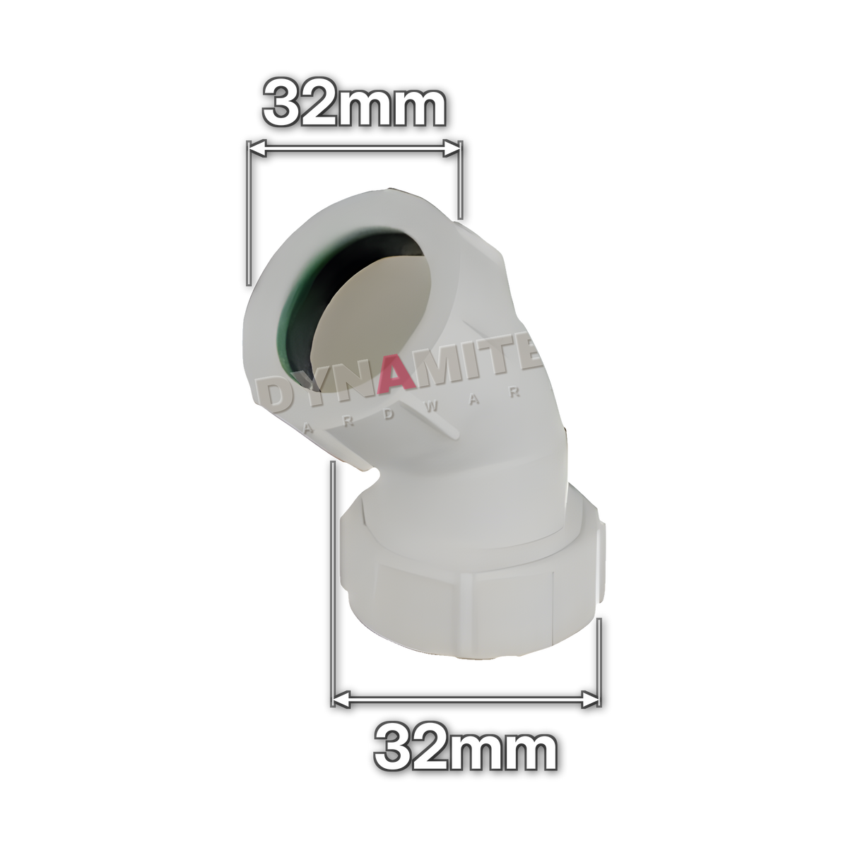 1¼" (32mm) White Compression Waste 45° Bend (code U1143), size marked with white arrows: 32mm x 32mm