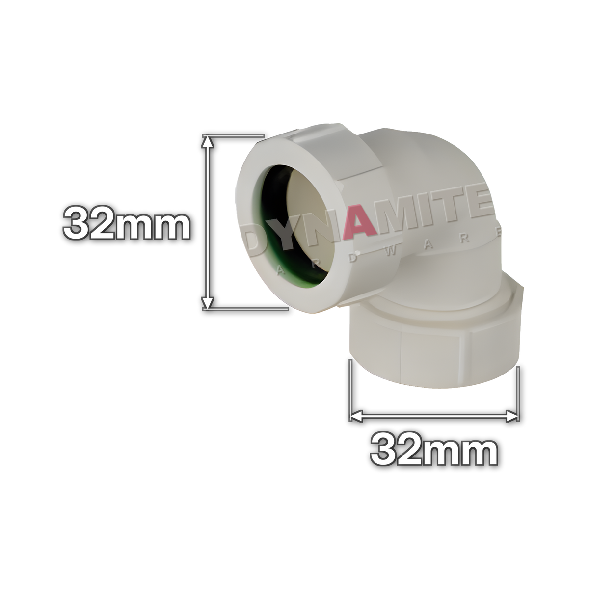 1¼" (32mm) White Compression Waste 90° Elbow (code U1142), size marked with white arrows: 32mm x 32mm