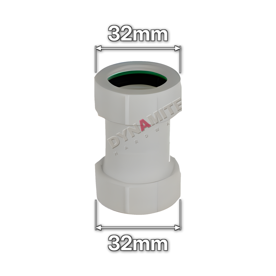 1¼" (32mm) White Compression Waste Straight Coupling (code U1141), size marked with white arrows: 32mm x 32mm