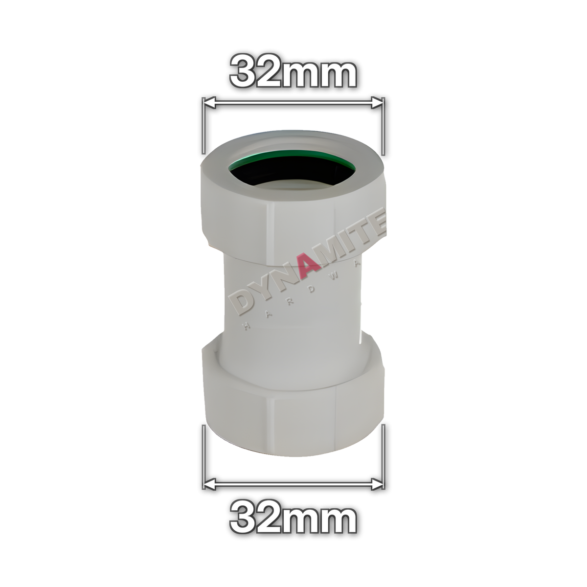 1¼" (32mm) White Compression Waste Straight Coupling (code U1141), size marked with white arrows: 32mm x 32mm