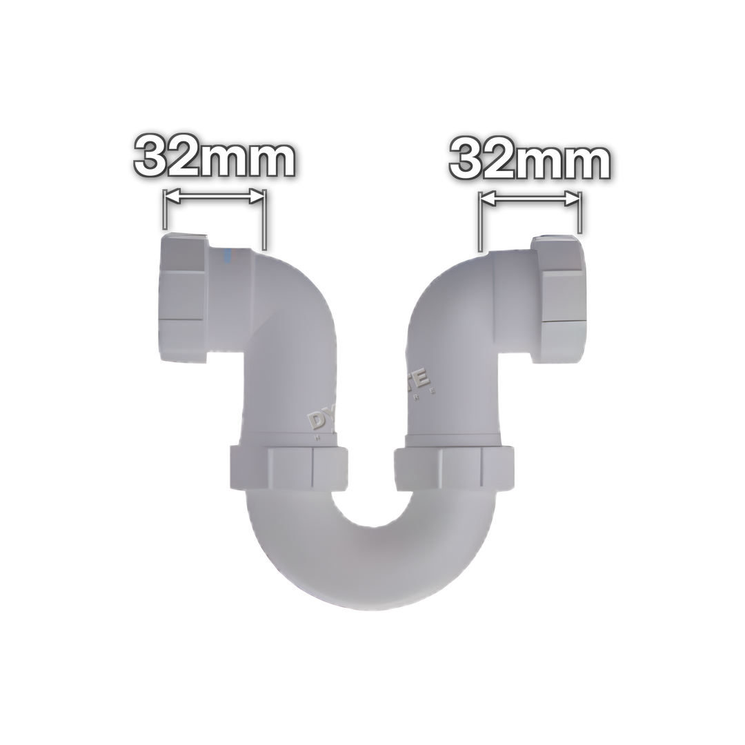 1¼" (32mm) White In-Line Running Trap - 38mm Seal (code 114R112), size marked with white arrows: 32mm x 32mm