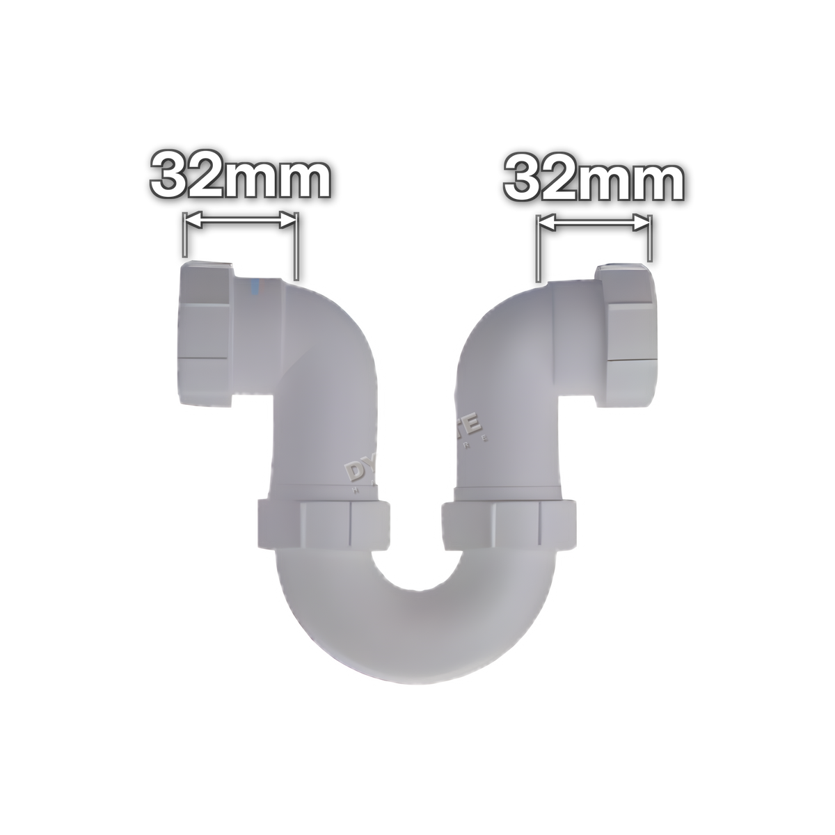 1¼" (32mm) White In-Line Running Trap - 38mm Seal (code 114R112), size marked with white arrows: 32mm x 32mm