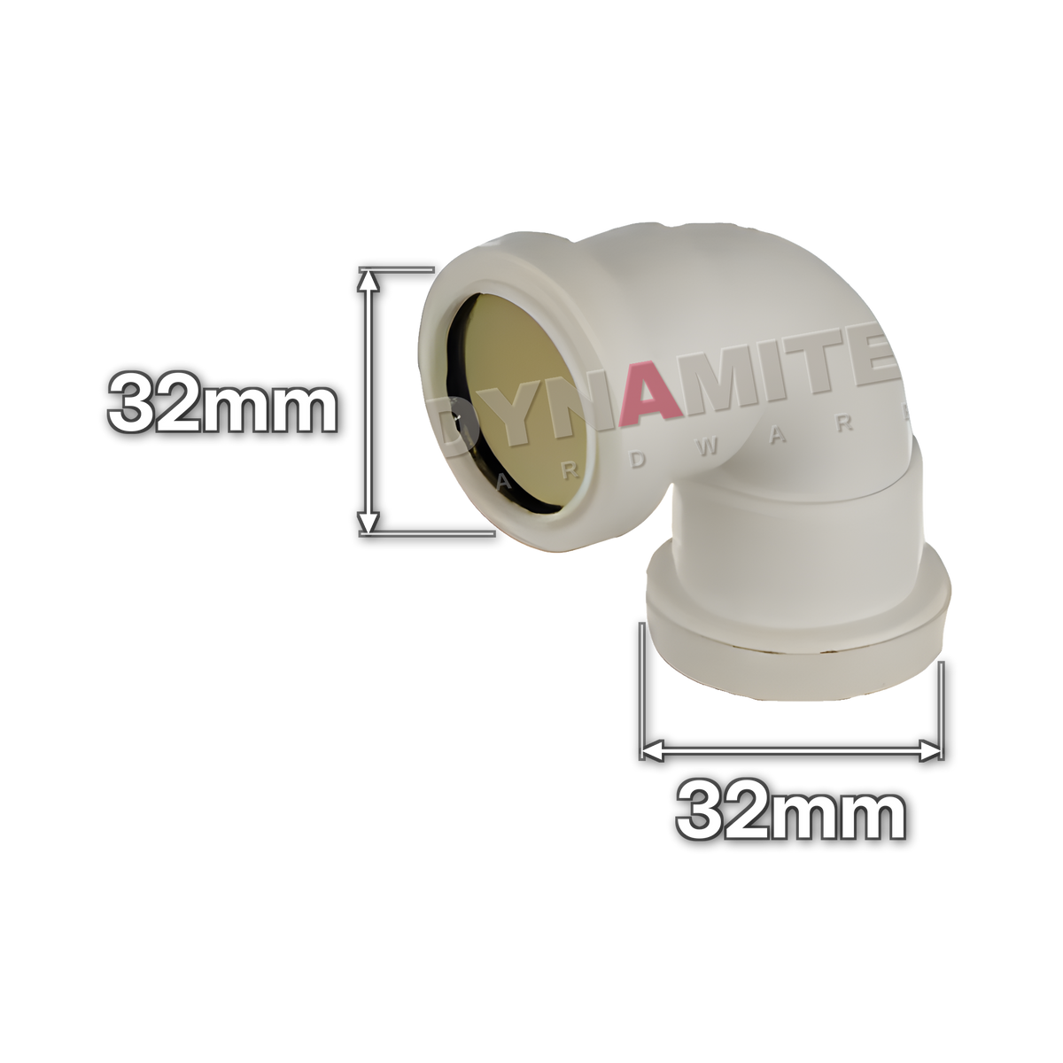 1¼" (32mm) White Push-Fit Waste 90° Swept Elbow (code PF1143), size marked with white arrows: 32mm x 32mm