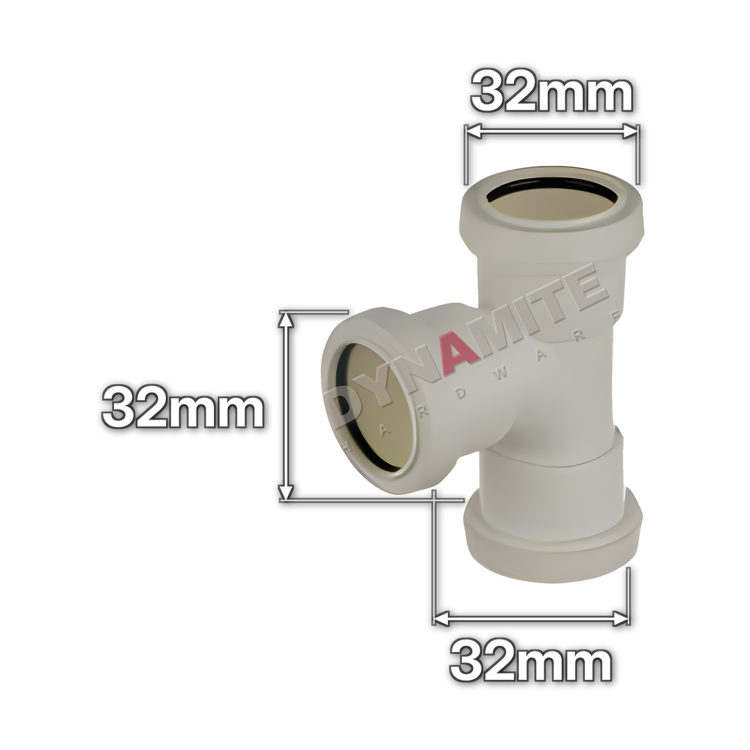 1¼" (32mm) White Push-Fit Waste 90° Swept Tee (code PF1145), size marked with white arrows: 32mm x 32mm x 32mm