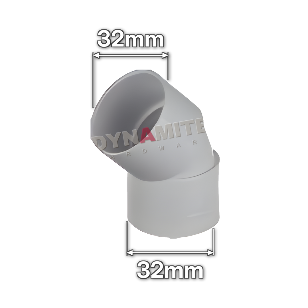 1¼" (32mm) White Solvent Weld Waste 45° Bend (code 32BW), size marked with white arrows: 32mm x 32mm