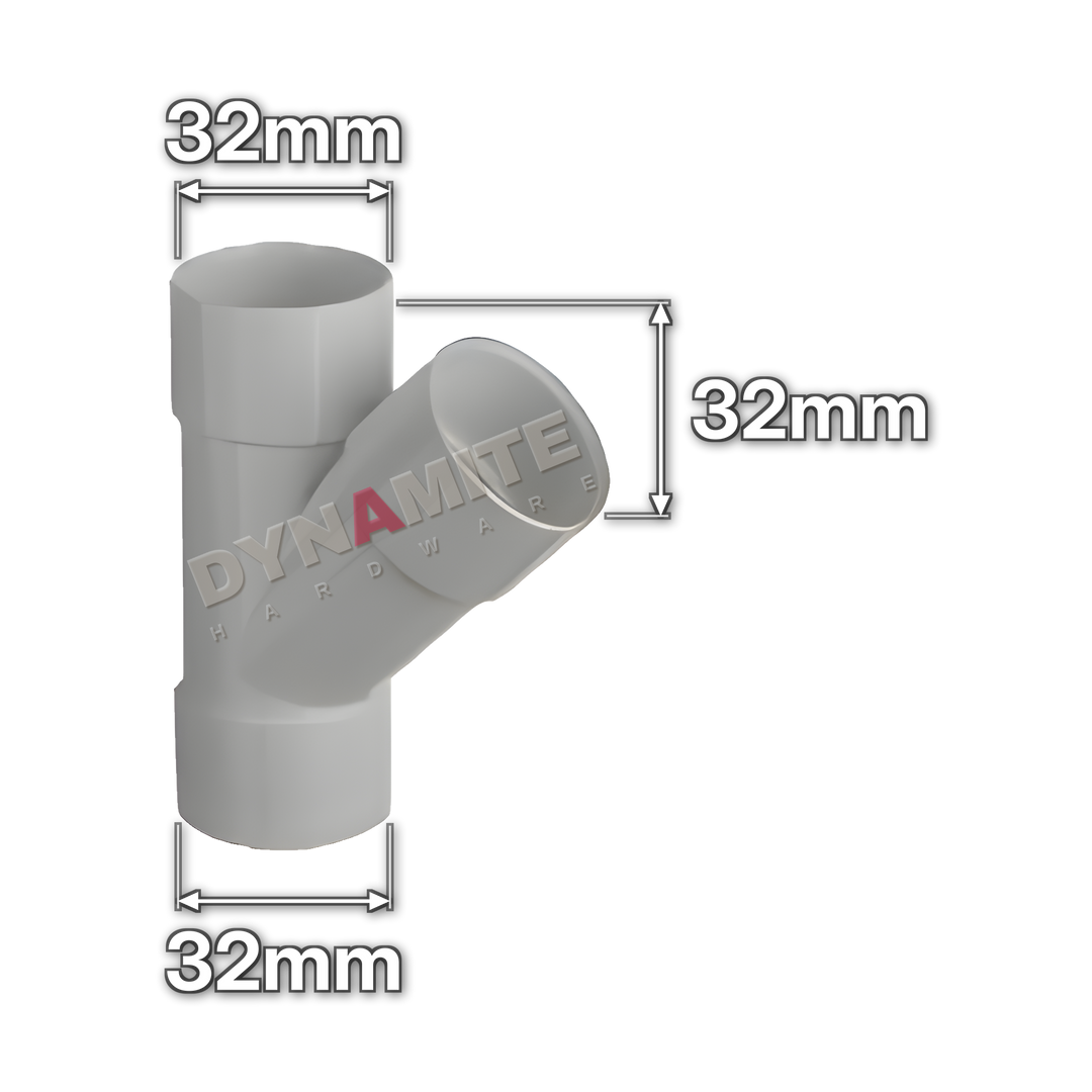 1¼" (32mm) White Solvent Weld Waste 45° Branch Tee (code 3245TW), size marked with white arrows: 32mm x 32mm x 32mm