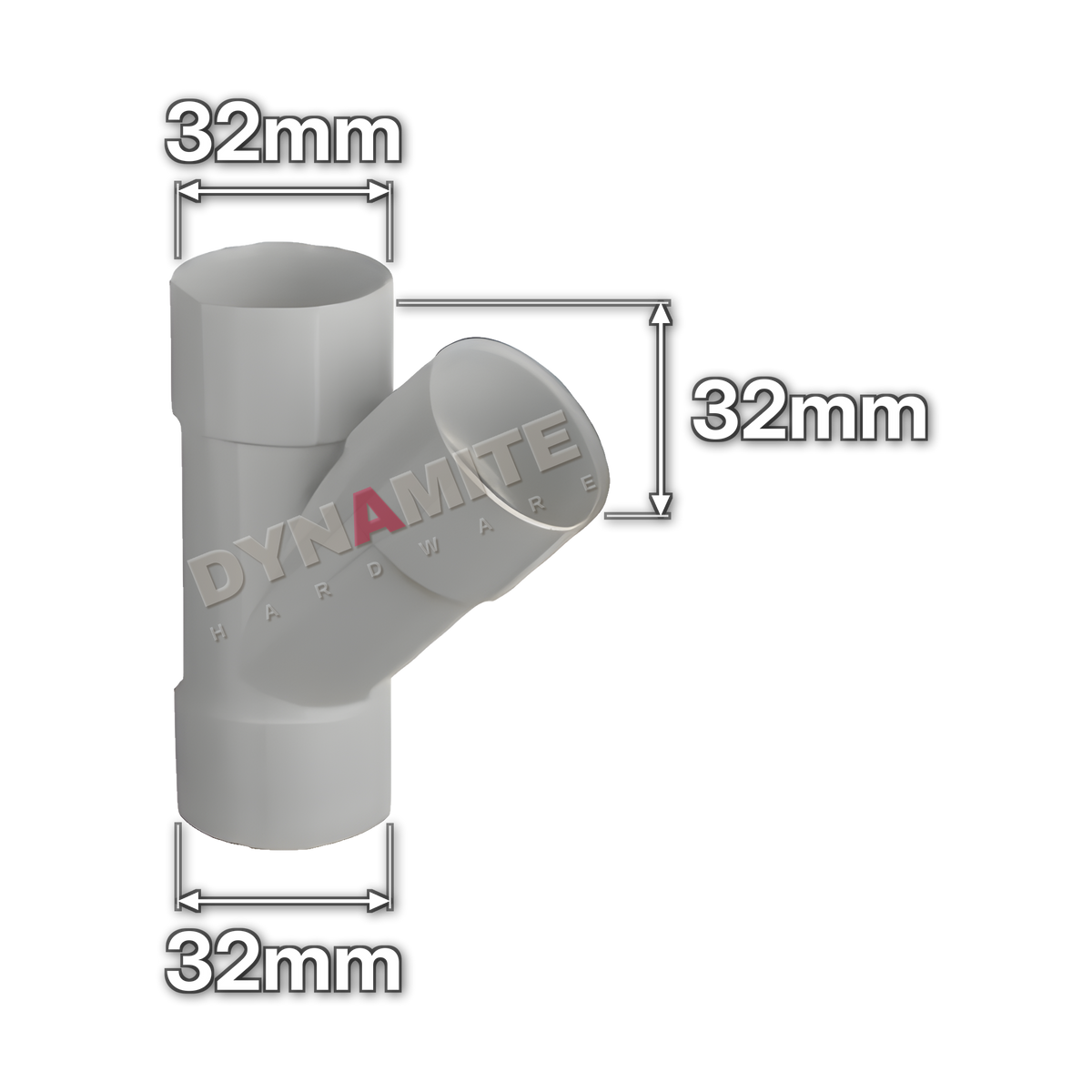 1¼" (32mm) White Solvent Weld Waste 45° Branch Tee (code 3245TW), size marked with white arrows: 32mm x 32mm x 32mm