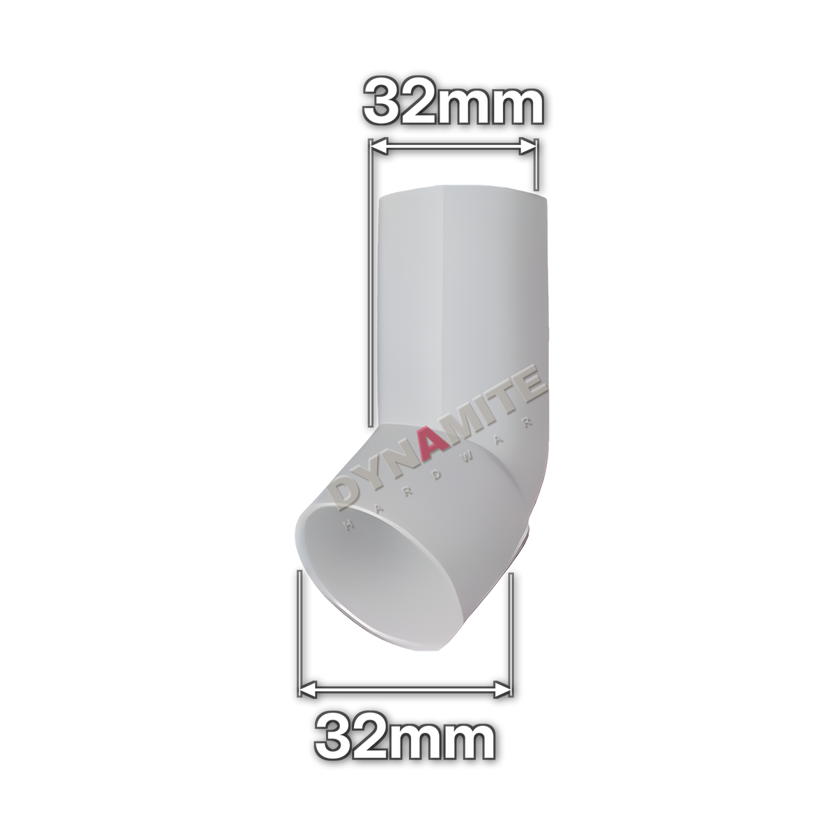 1¼" (32mm) White Solvent Weld Waste 45° Male x Female Bend (code 32BWMF), size marked with white arrows: 32mm x 32mm