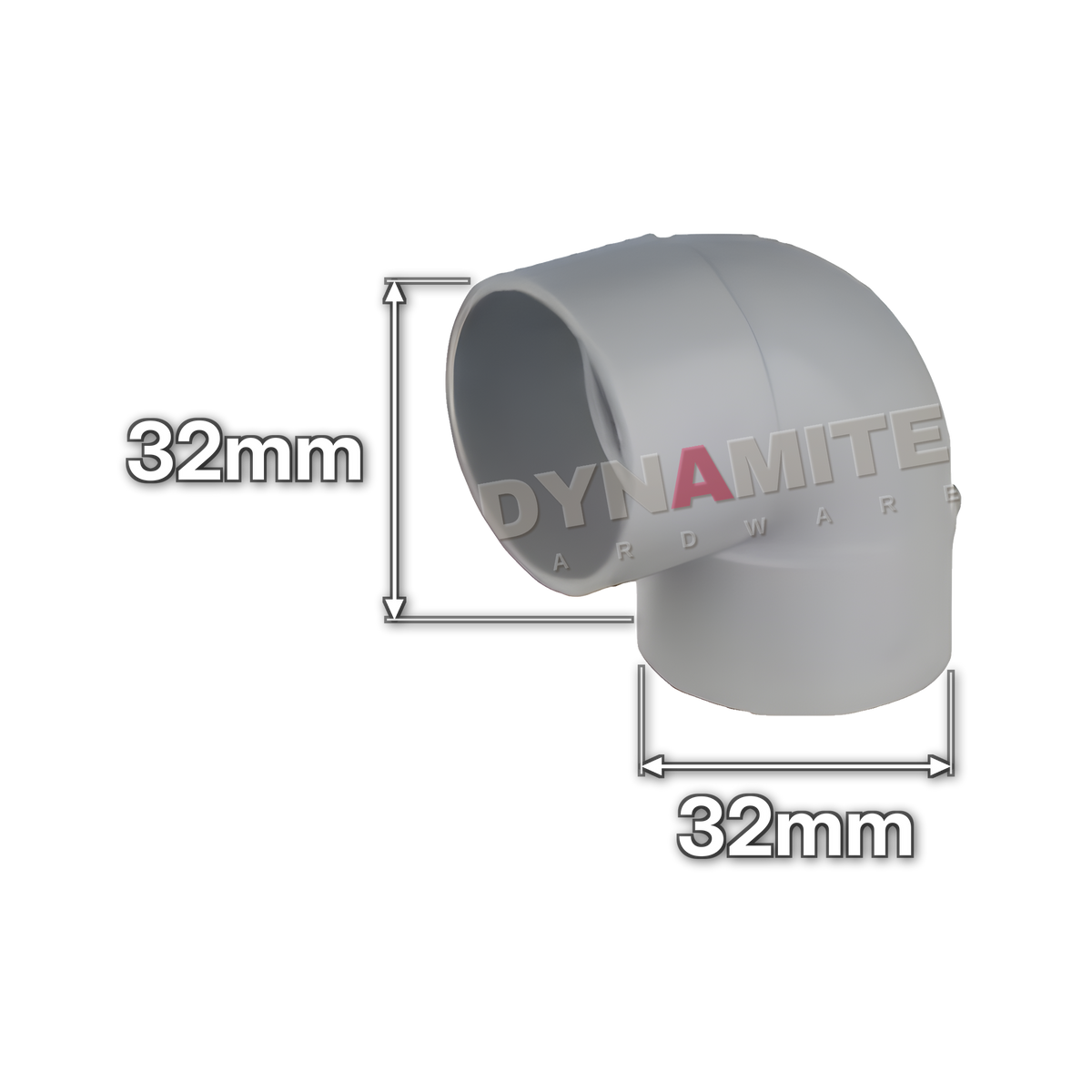 1¼" (32mm) White Solvent Weld Waste 90° Knuckle Elbow (code 32KW), size marked with white arrows: 32mm x 32mm