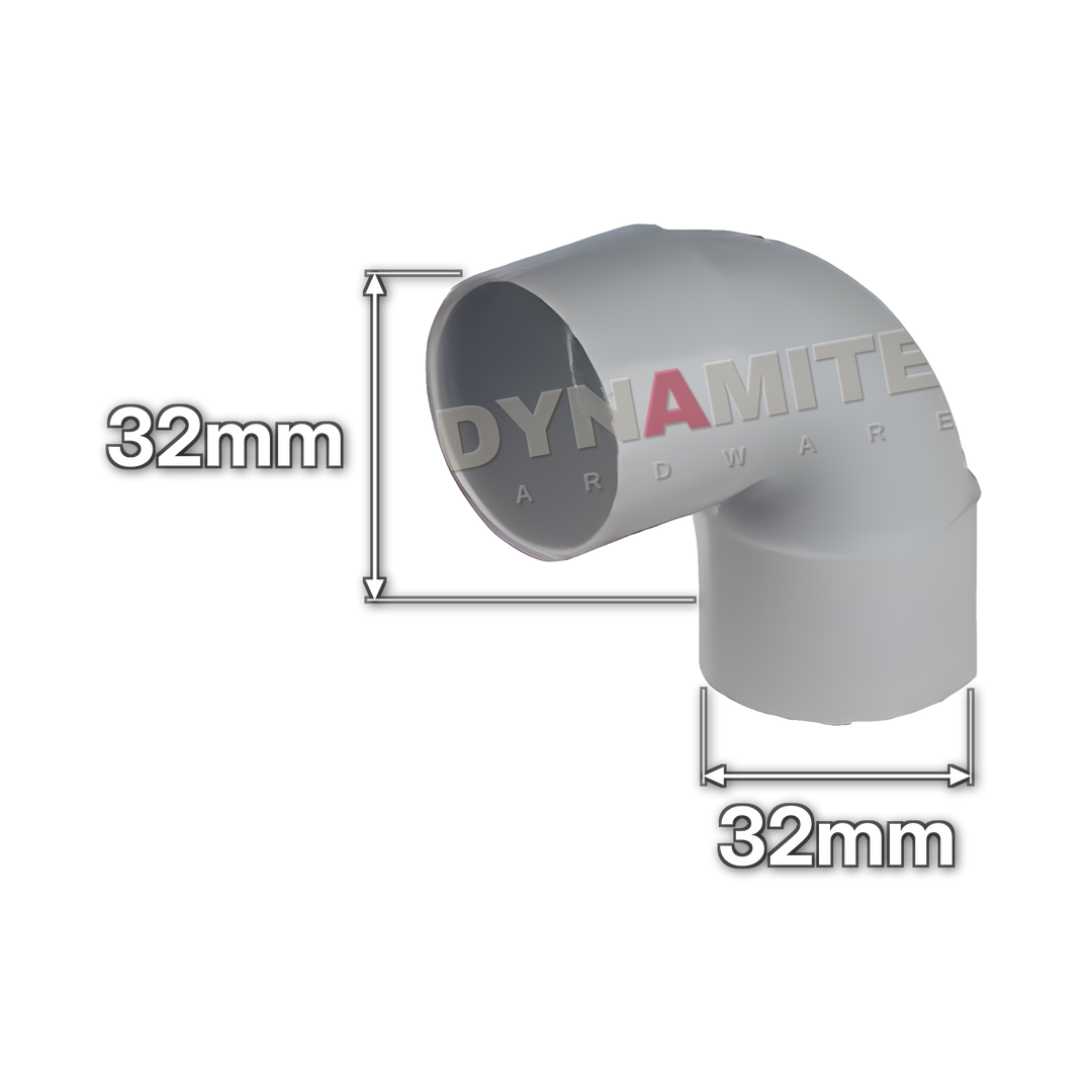 1¼" (32mm) White Solvent Weld Waste 90° Swept Elbow (code 32EW), size marked with white arrows: 32mm x 32mm