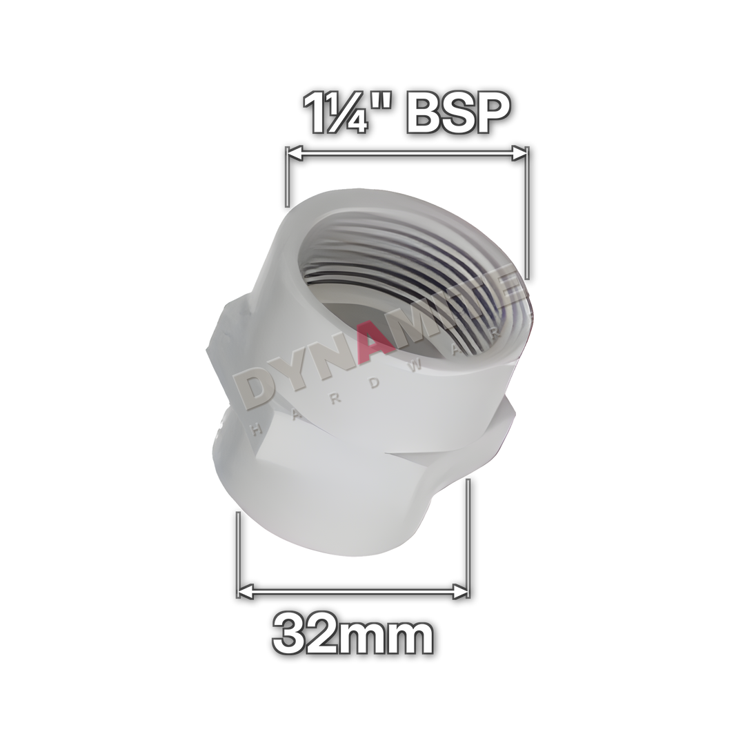 1¼" (32mm) White Waste Female Threaded Adaptor - 1¼" BSP (code 11432FW), size marked with white arrows: 1¼" BSP x 32mm