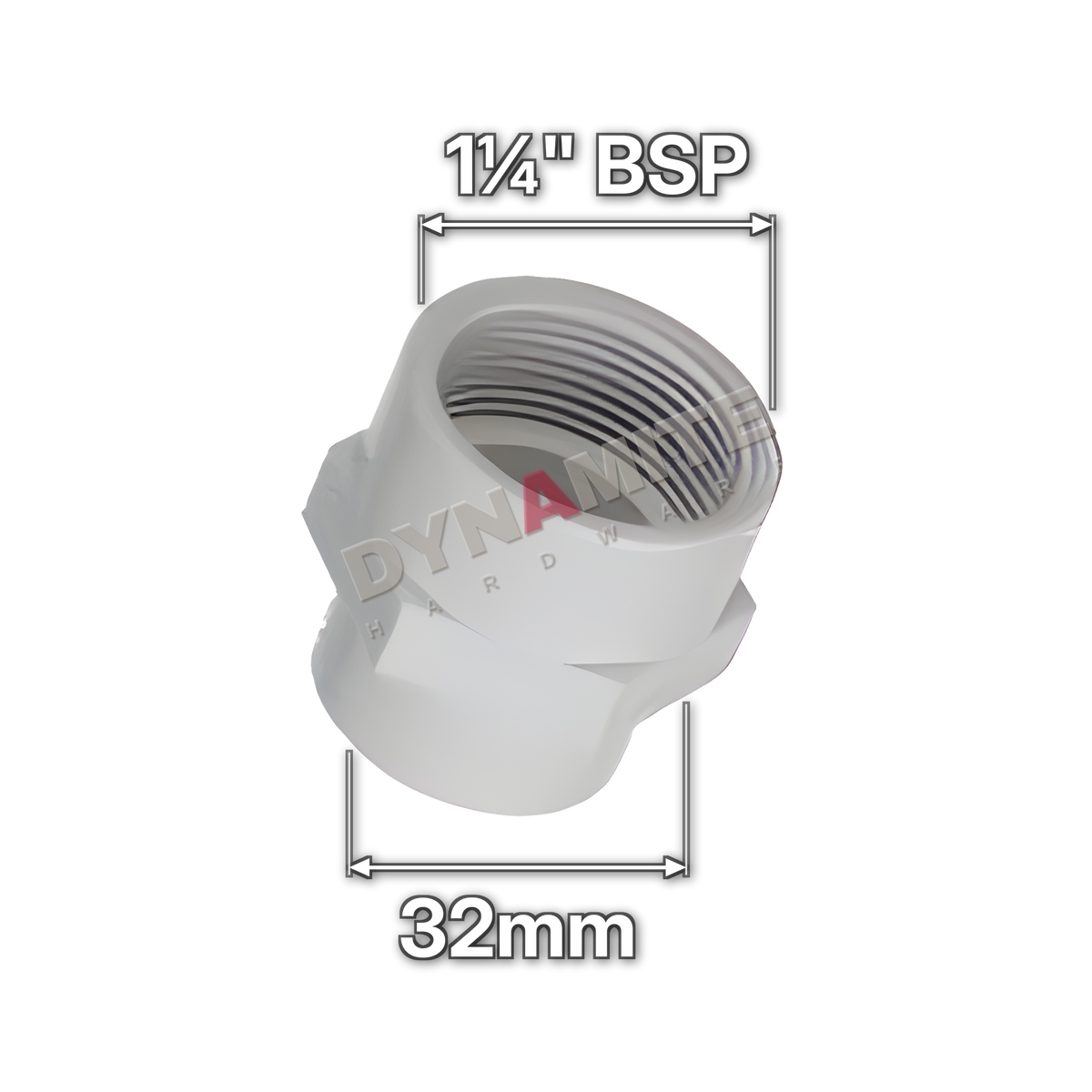 1¼" (32mm) White Waste Female Threaded Adaptor - 1¼" BSP (code 11432FW), size marked with white arrows: 1¼" BSP x 32mm