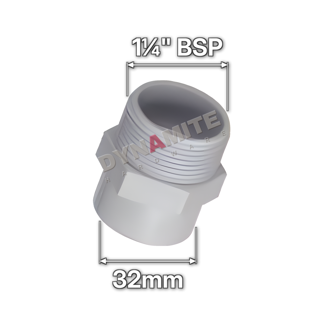 1¼" (32mm) White Waste Male Threaded Adaptor - 1¼" BSP (code 11432W), size marked with white arrows: 1¼" BSP x 32mm