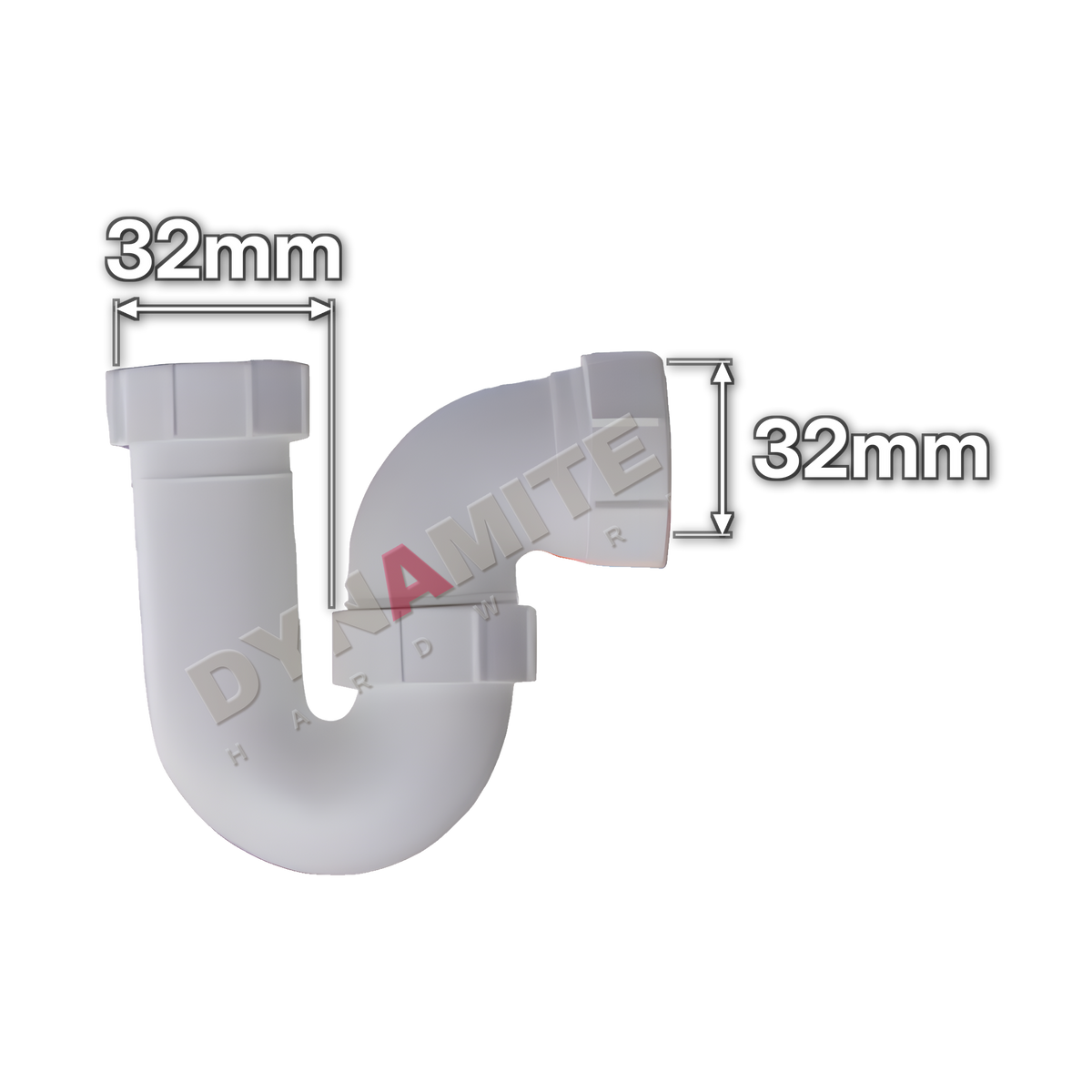 1¼" (32mm) White Waste P-Trap - 38mm Seal (code 114P112), size marked with white arrows: 32mm x 32mm