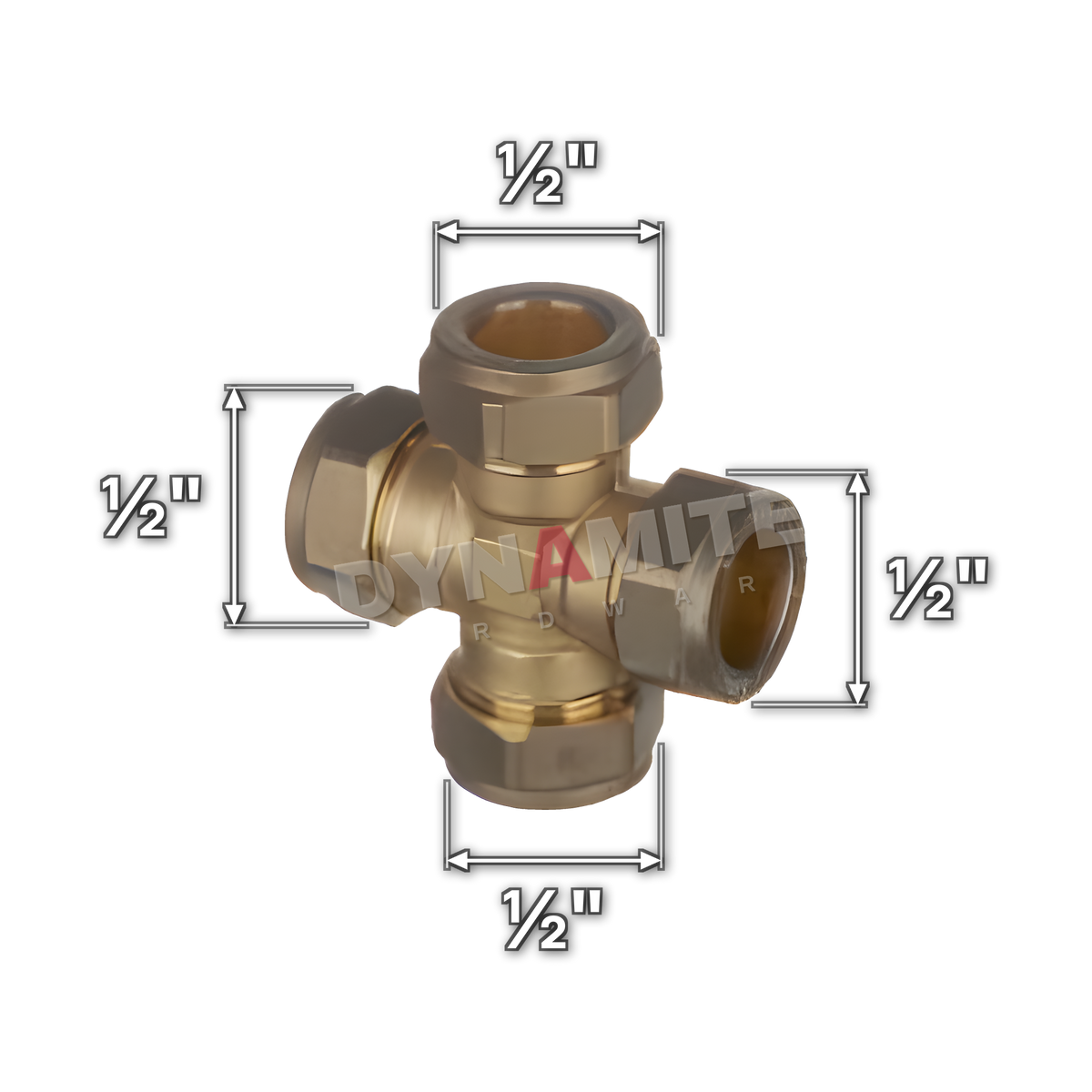 ½" brass compression cross tee (Excel 32212), white arrows mark each connection: ½" compression, ½" compression, ½" compression, ½" compression