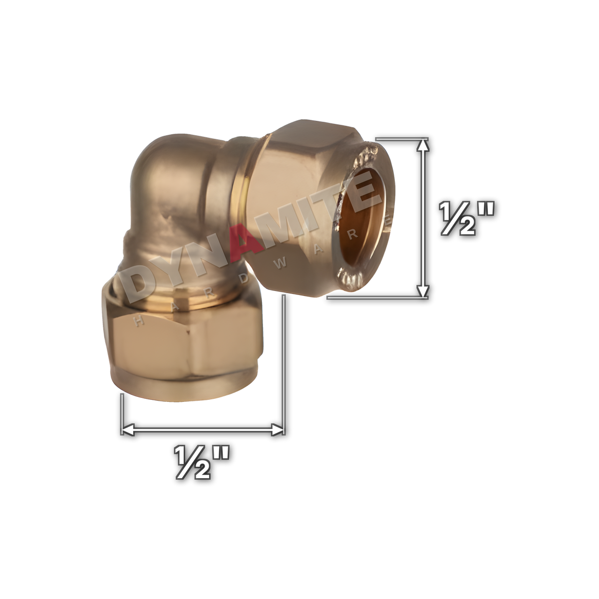 ½" brass compression elbow (Excel 31512), white arrows mark each connection: ½" compression, ½" compression