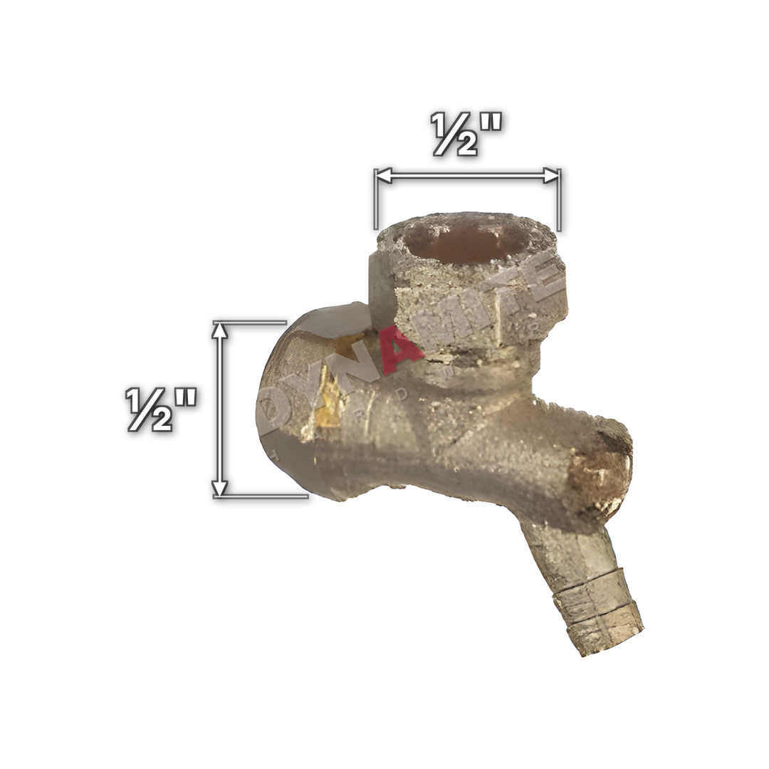 ½" brass compression elbow with drain off (Excel 47112), white arrows mark each connection: ½" compression, ½" compression