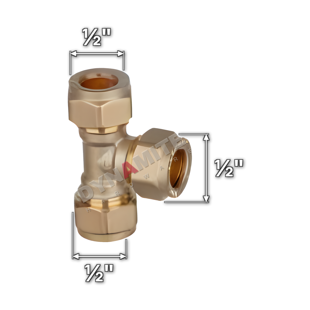 ½" brass compression equal tee (Excel 31812), white arrows mark each connection: ½" compression, ½" compression, ½" compression