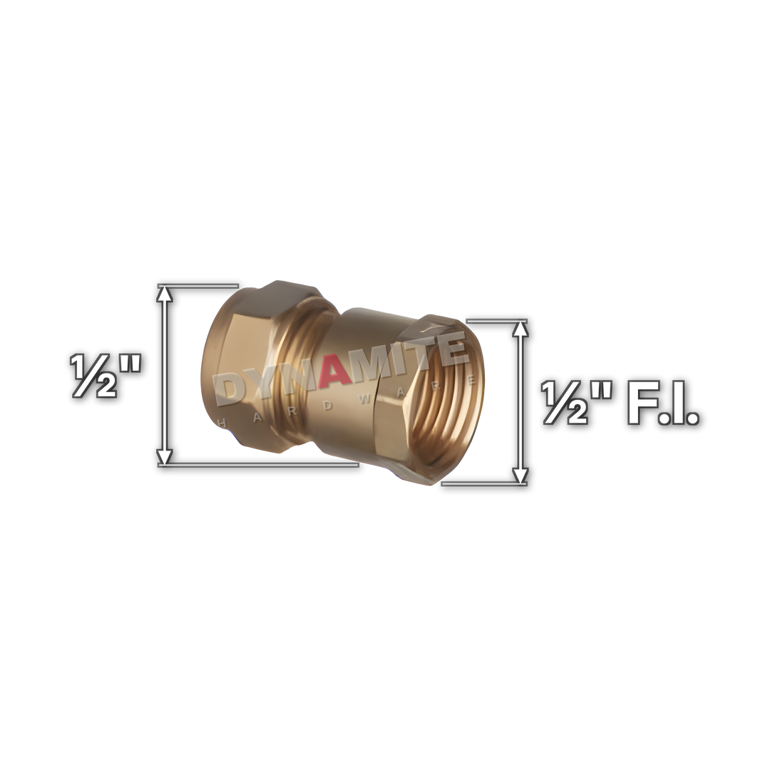 ½" brass compression female iron coupling (Excel 31212), white arrows mark each connection: ½" female iron (BSP), ½" compression