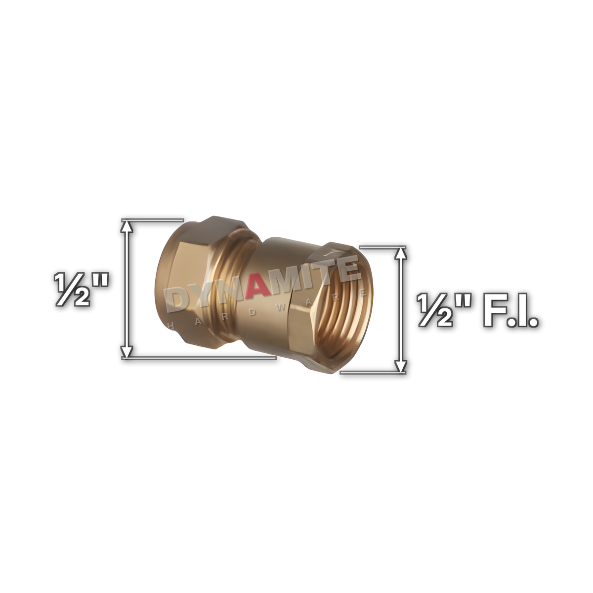 ½" brass compression female iron coupling (Excel 31212), white arrows mark each connection: ½" female iron (BSP), ½" compression