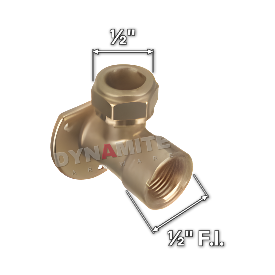 ½" brass compression heavy pattern wall plate elbow (Excel 32112), white arrows mark each connection: ½" female iron (BSP), ½" compression