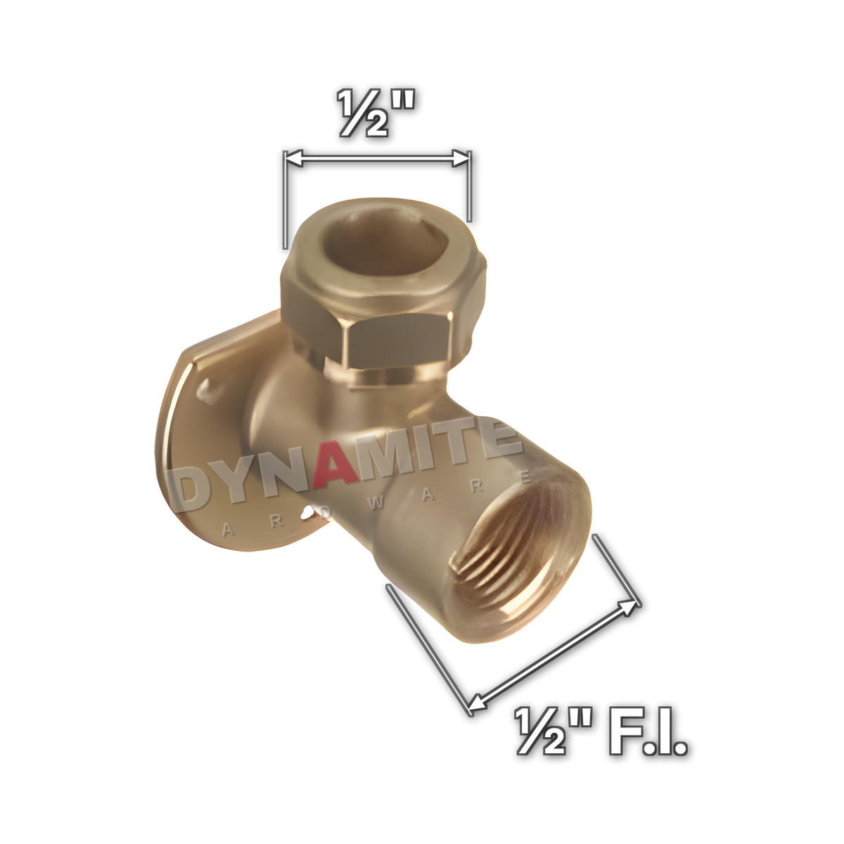½" brass compression heavy pattern wall plate elbow (Excel 32112), white arrows mark each connection: ½" female iron (BSP), ½" compression