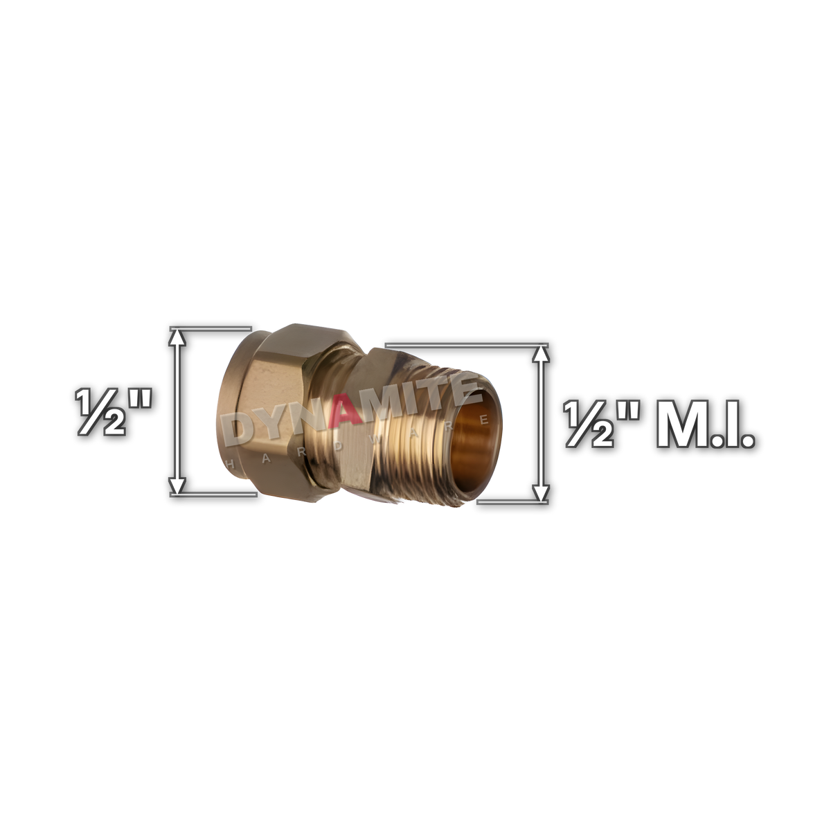 ½" brass compression male iron coupling (Excel 31112), white arrows mark each connection: ½" male iron (BSP), ½" compression