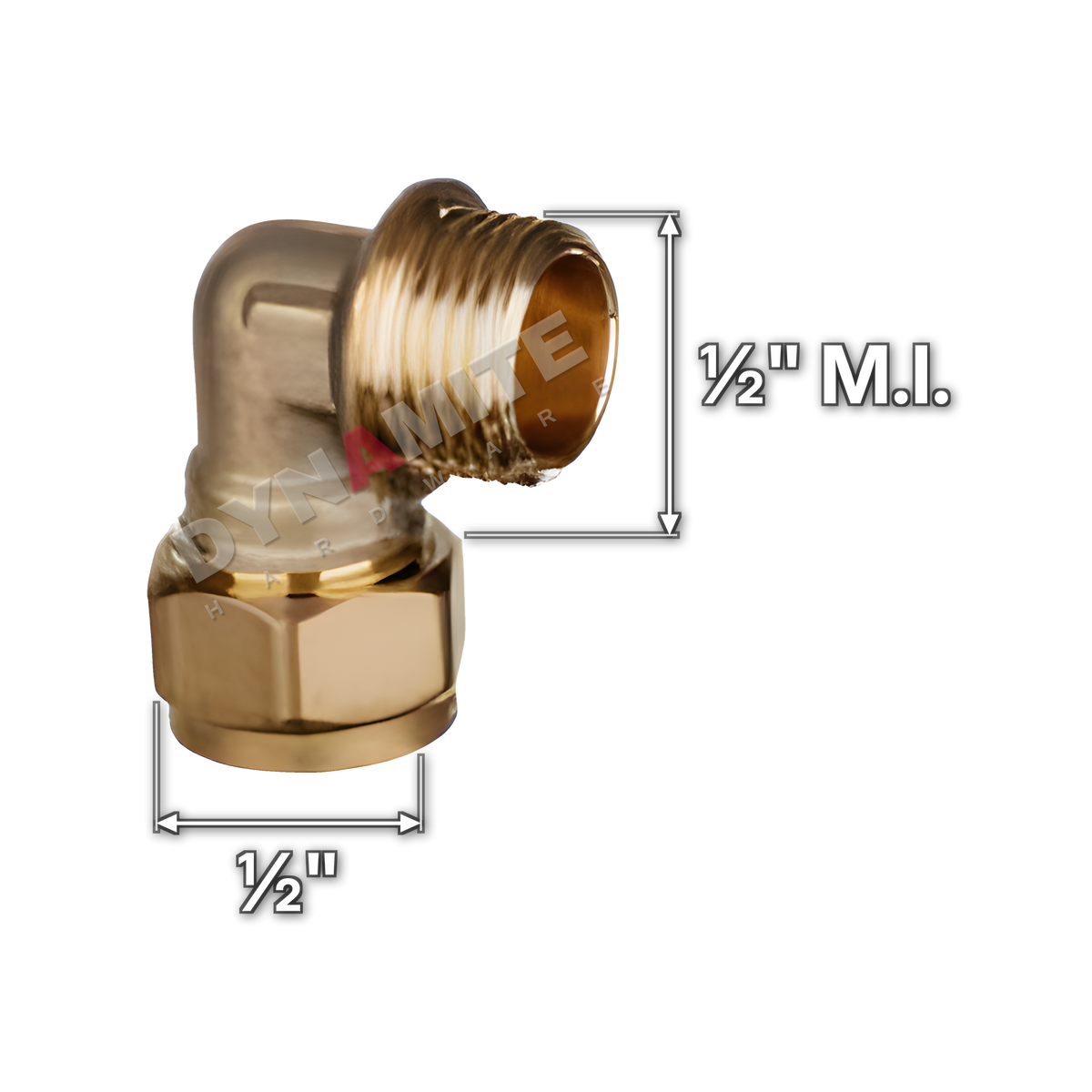 ½" brass compression male iron elbow (Excel 31612), white arrows mark each connection: ½" male iron (BSP), ½" compression