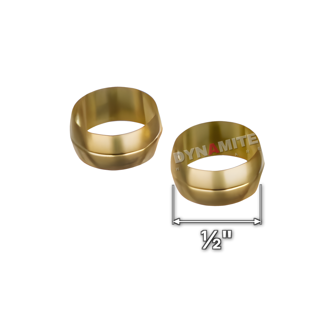 ½" brass compression olive (Excel 378B12), sold in a pack of 10, ½" size marked with a white arrow