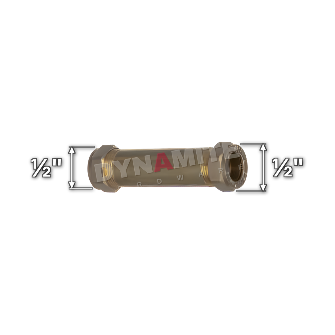 ½" brass compression repair coupling (Excel 31012L), white arrows mark each connection: ½" compression, ½" compression