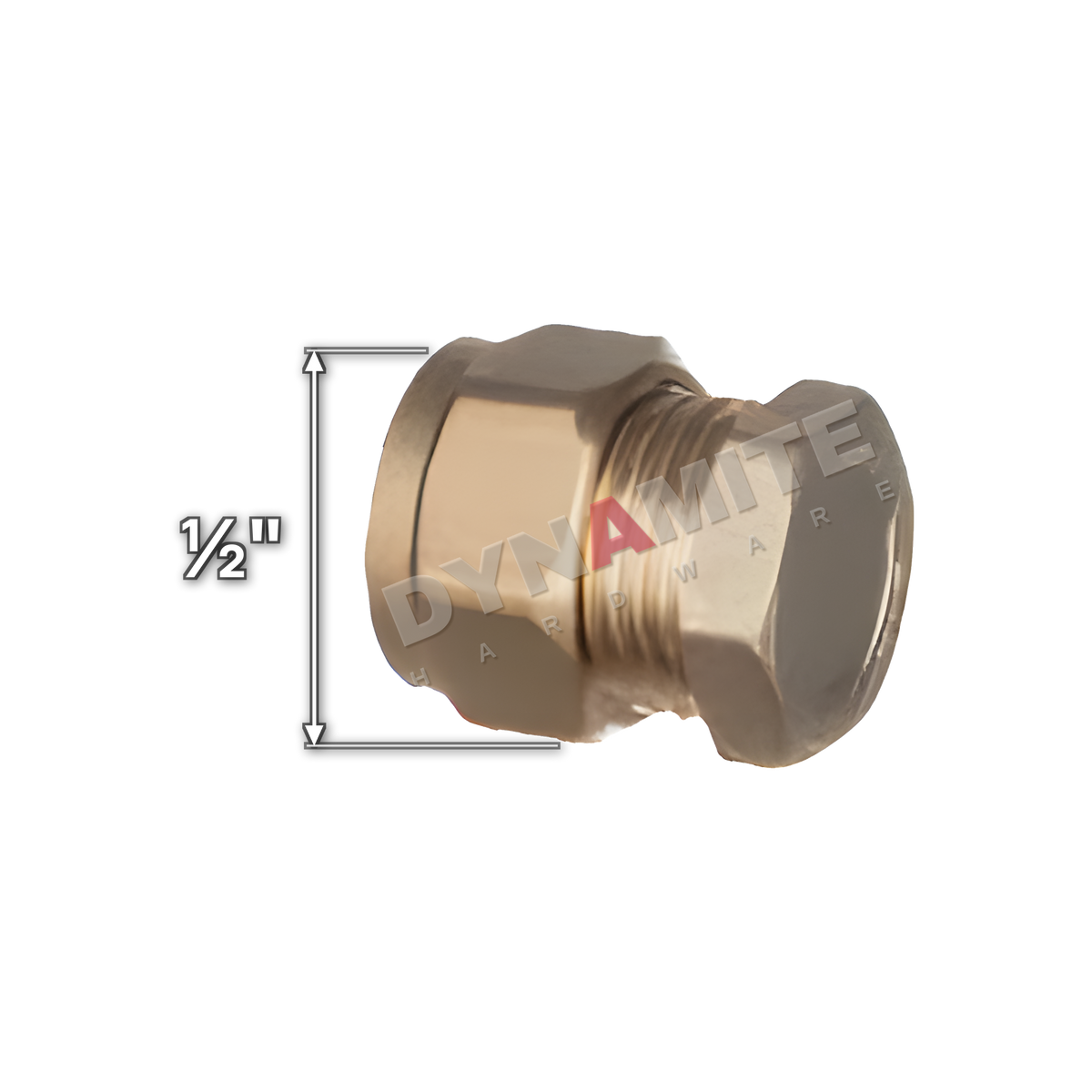 ½" brass compression stop end (Excel 35112), ½" size marked with a white arrow