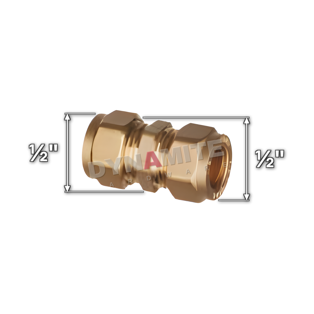 ½" brass compression straight coupling (Excel 31012), white arrows mark each connection: ½" compression, ½" compression