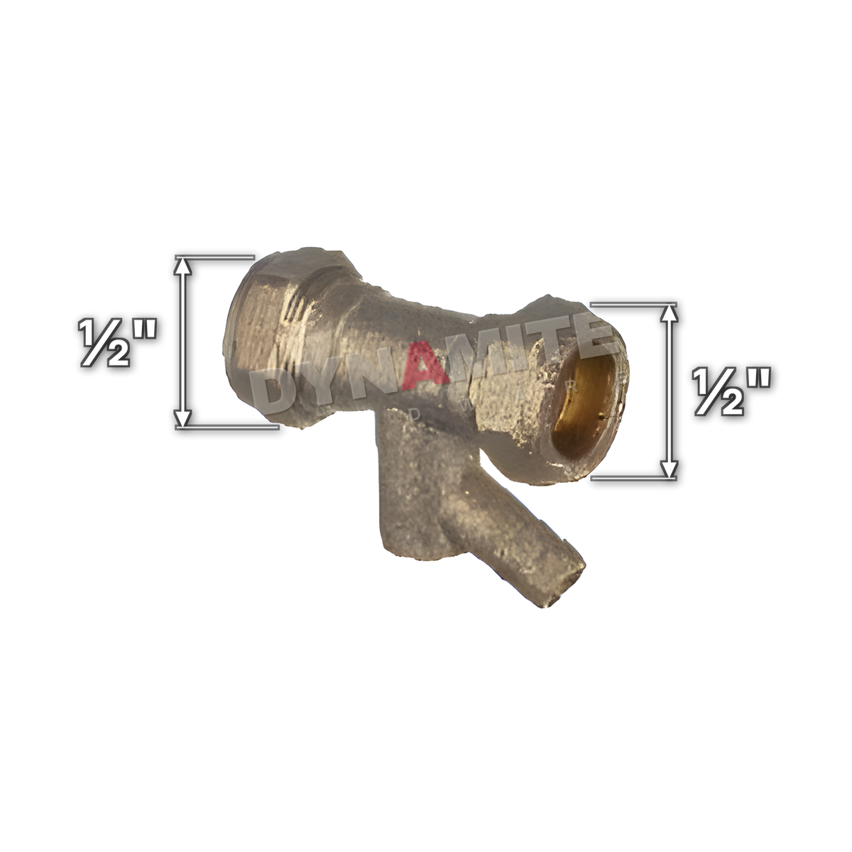 ½" brass compression straight coupling with drain off (Excel 17112), white arrows mark each connection: ½" compression, ½" compression