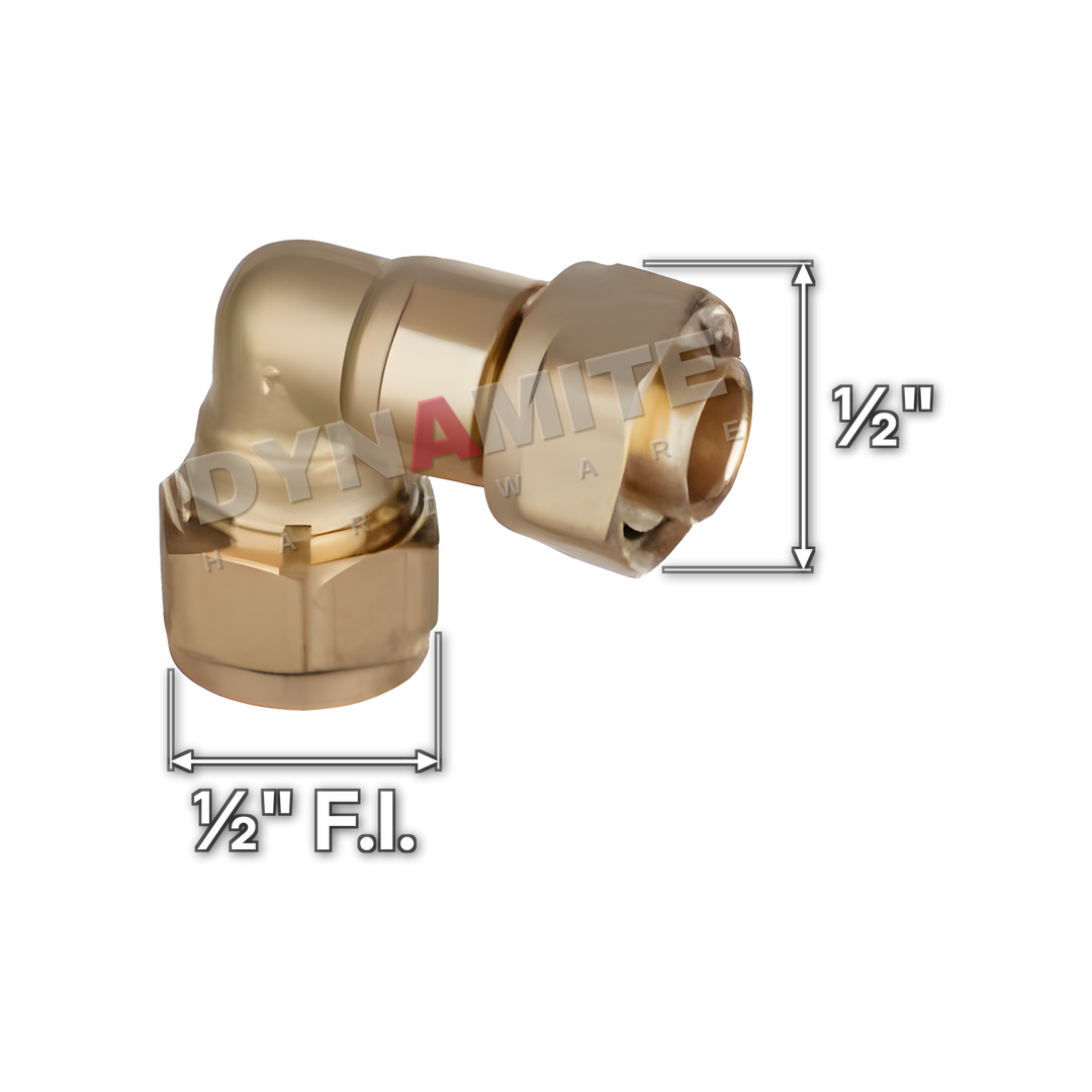 ½" brass compression swivel elbow (Excel 32712), white arrows mark each connection: ½" female iron (BSP), ½" compression