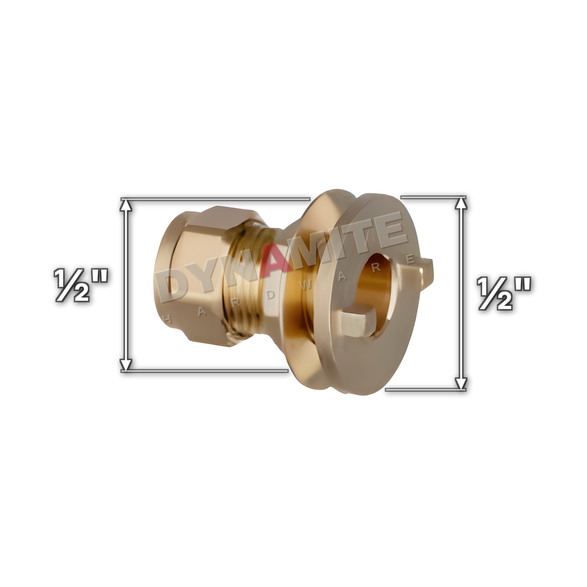 ½" brass compression tank connector (Excel 35012), white arrows mark each connection: ½" compression, ½" male iron (tank connection)
